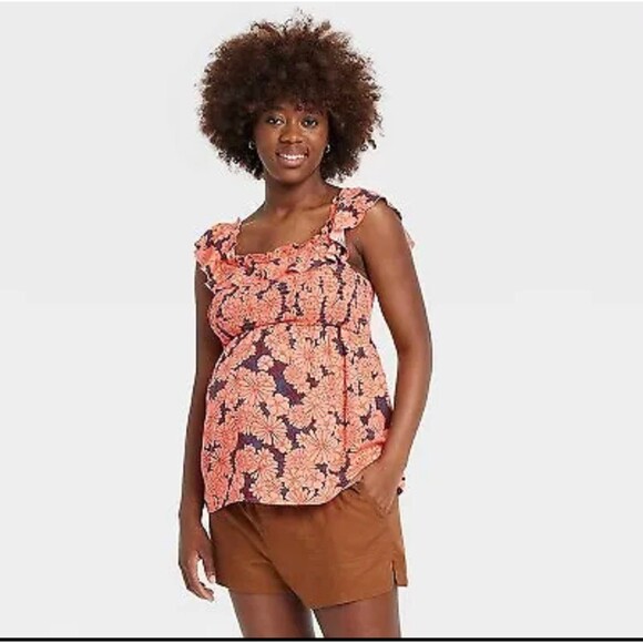 Women's Isabel Maternity Ruffle Smocked Maternity Tank Top Pink Floral - Picture 1 of 8